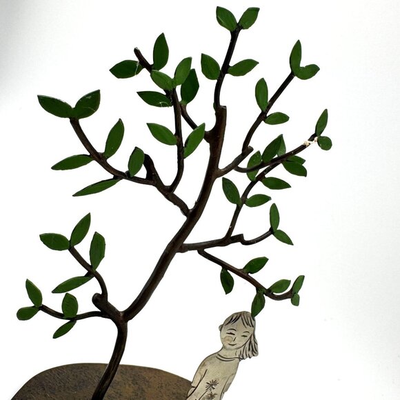 Metal Figurine Sculpture Of Girl With Flowers & Tree On Textured Base 5 Inches - Picture 13 of 13